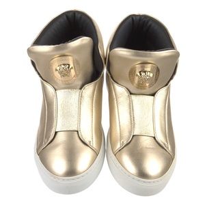 VERSACE Palazzo Gold Leather Sneakers Medusa Plaque Slip on Sneakers 39